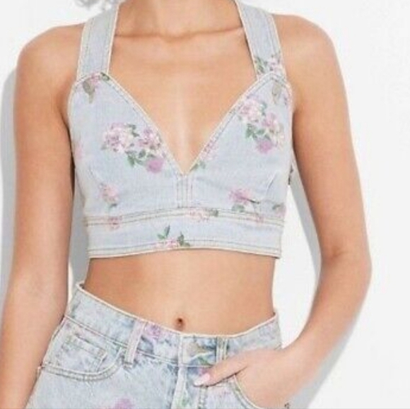Wild Fable Denim Crop Floral Top - Picture 1 of 6